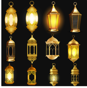 Golden Vector Lamps Bundle | Illuminated Lamps | Islamic Lantern Ready to Use for Posts, Flyers, Animations